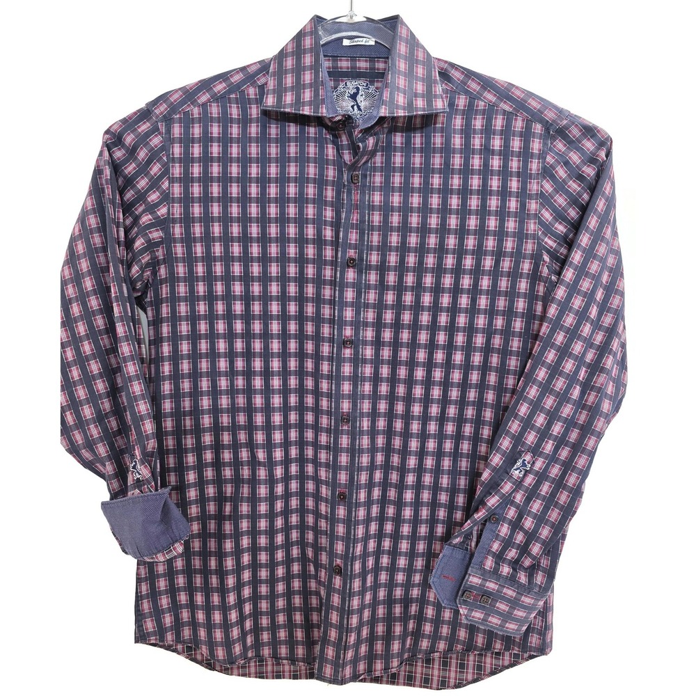 Bugatchi Shirt Mens Medium Blue Red Plaid Shaped Fit Long Sleeve Button Up‎